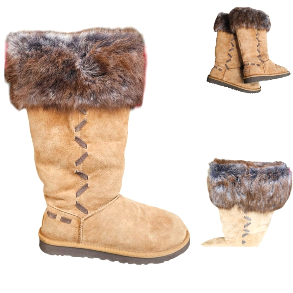 EUC | Cozy Warm | UGG Rosana Boots | Faux Fur Trim |  Chestnut | Women's Size: 8